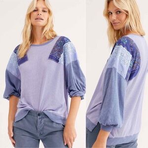 We The Free XS Lavender Purple Bandana Embroidered Shoulder Cornflower Combo Top